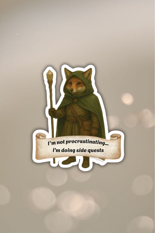 Side Quests Fox Sticker — Fantasy Procrastination Vinyl Decal for Gamers & ADHD