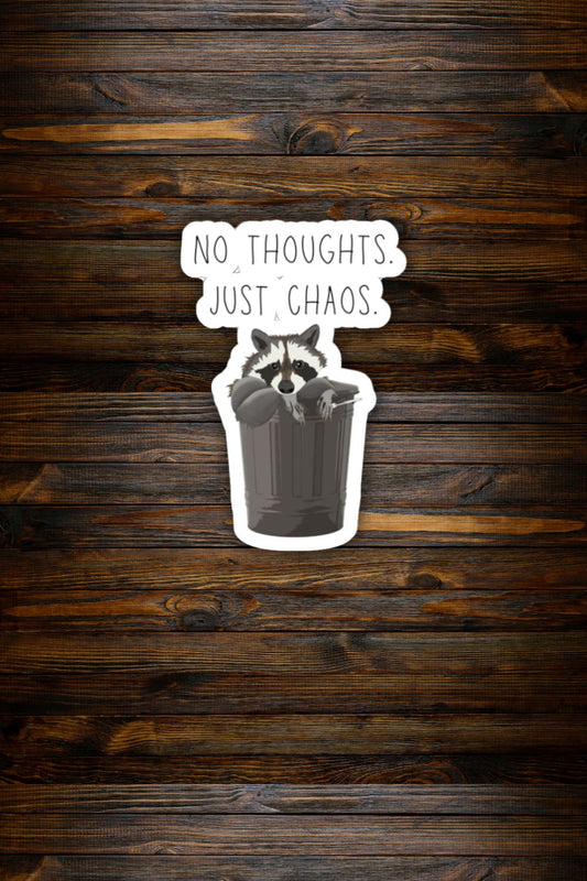 No Thoughts Just Chaos Sticker — Funny Raccoon Trash Can Vinyl Decal
