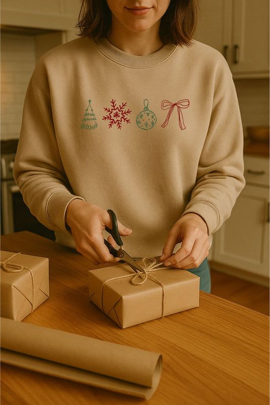 Minimal Christmas Icons Sweatshirt — Holiday Crewneck with Tree, Snowflake, Ornament & Bow