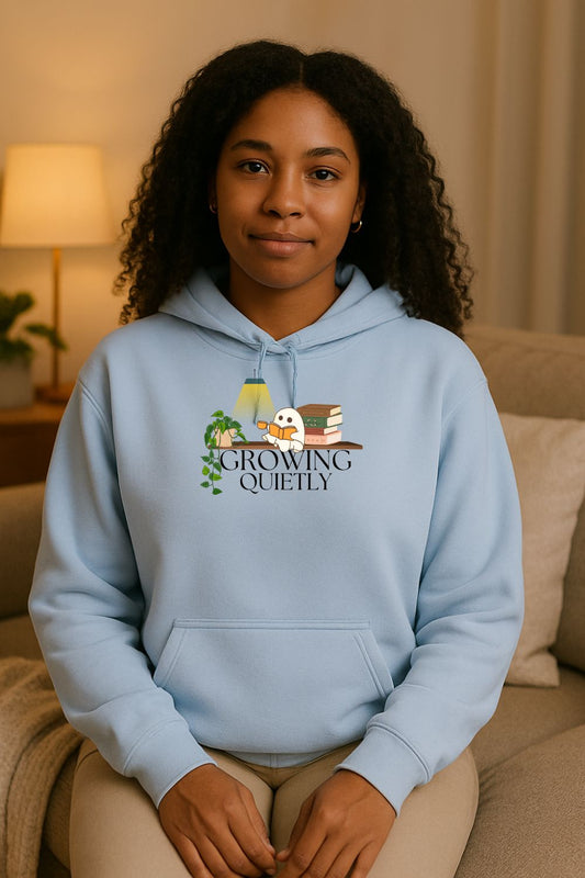 Growing Quietly Cozy Hoodie — Cottagecore Ghost, Books & Plant Lover Sweatshirt