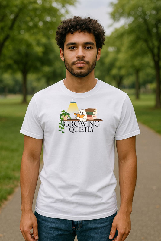 Growing Quietly T-Shirt — Cozy Ghost, Books & Plants Aesthetic Tee